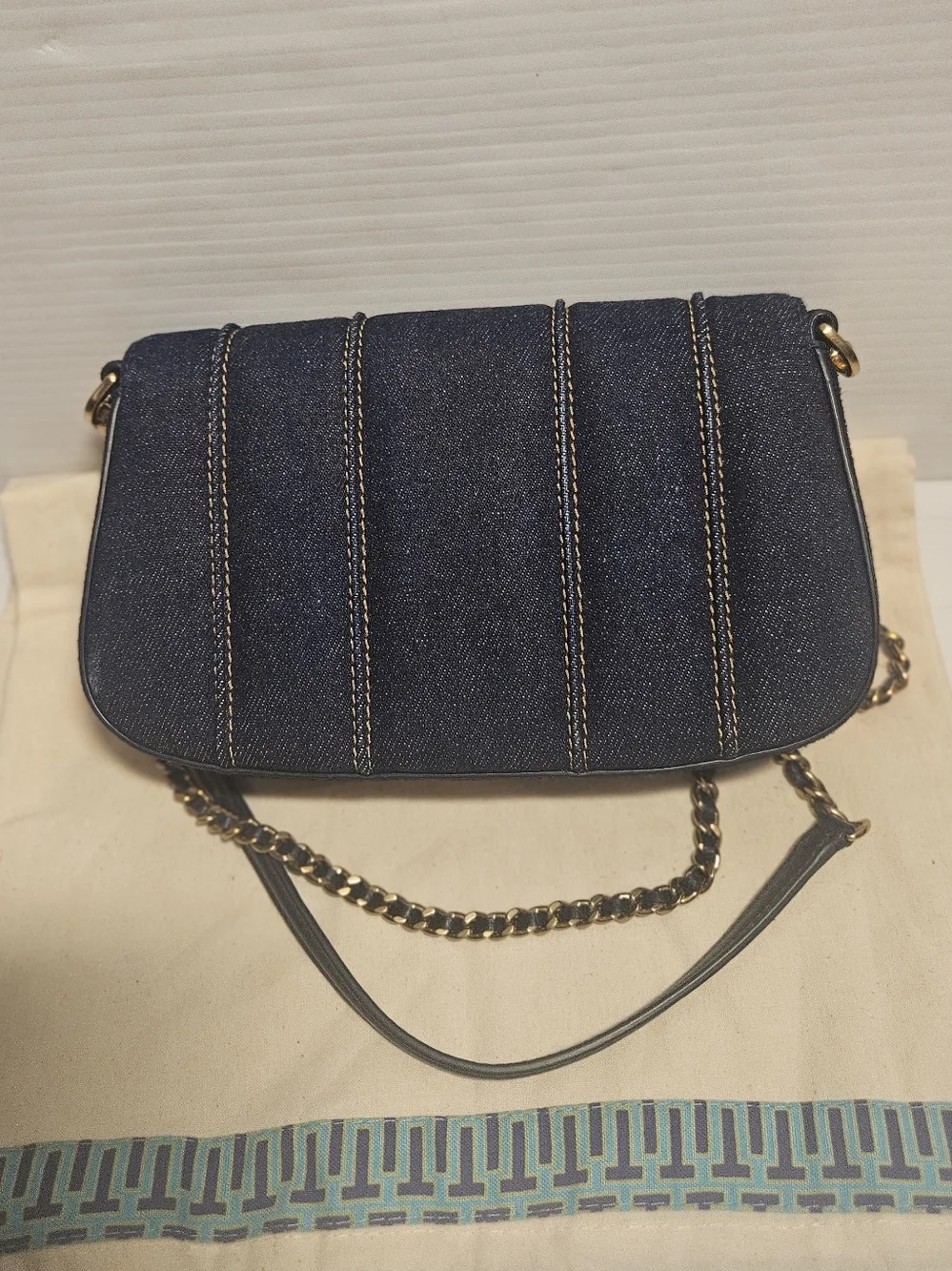 Tory Burch Britten Blue Denim Crossbody & Clutch Bag with Gold Hardware Elegant
